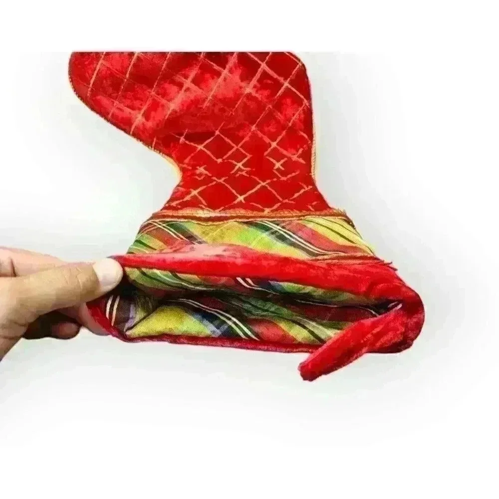 Red Velvet Diamond Quilted Gold Embroidered Plaid Christmas Stocking 23" Holiday - Picture 3 of 4